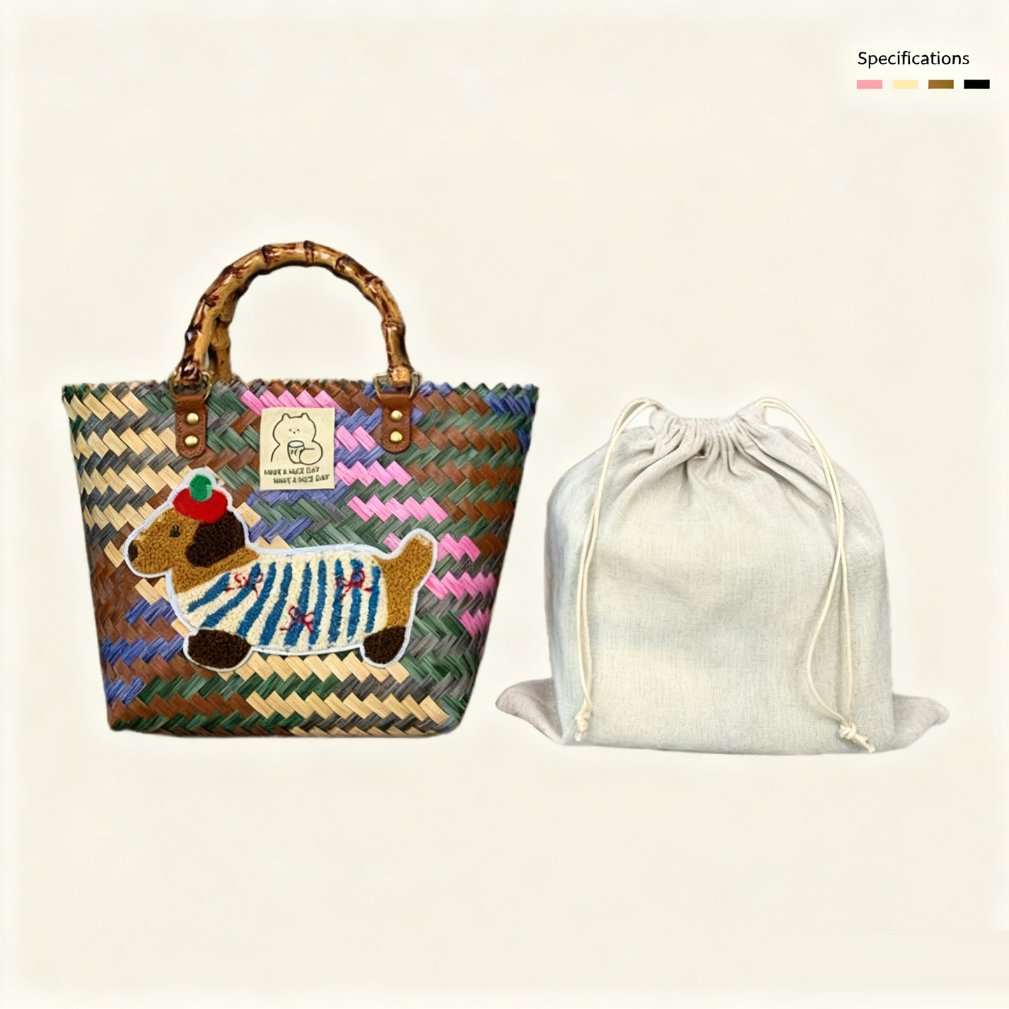 Large capacity sausage dog hand woven cabbage basket rattan woven handbag office miscellaneous carry bag picnic women's bag