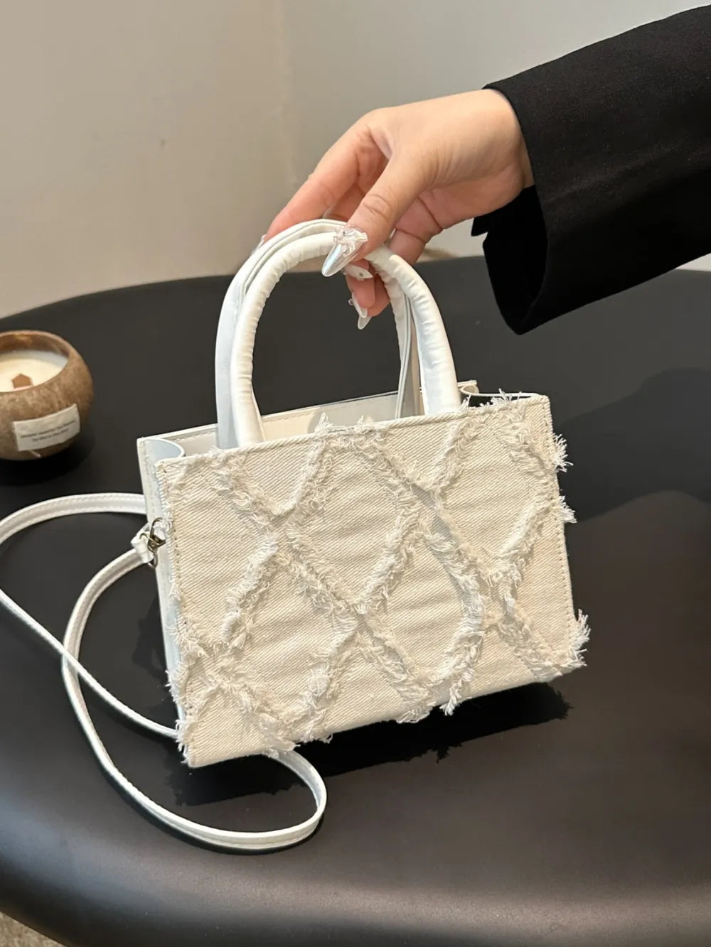 Raw Hem Denim PU Leather Handbag