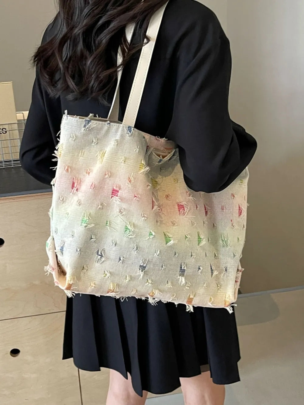 Raw Hem Rainbow Color Tote Bag