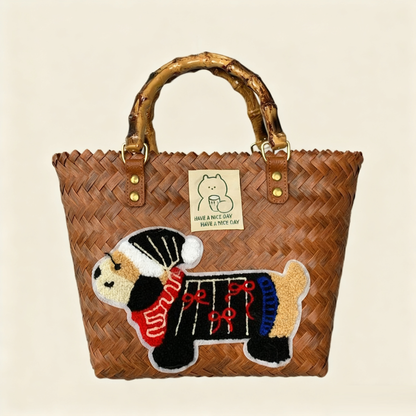 Large capacity sausage dog hand woven cabbage basket rattan woven handbag office miscellaneous carry bag picnic women's bag